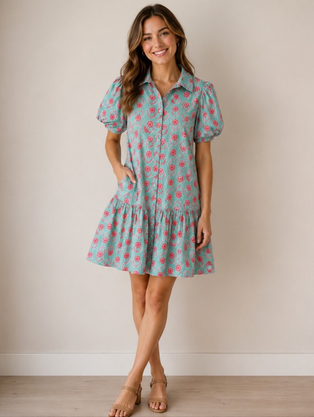 J. Crew Mint Dress with Pink Floral Print W/Pockets